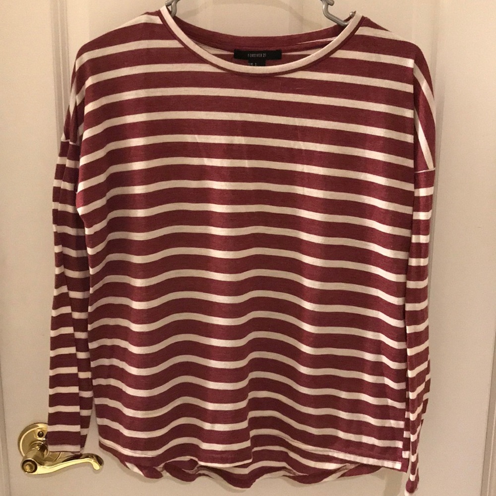 MAROON AND CREAM STRIPED LONG SLEEVED TEE